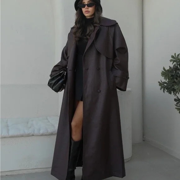 Burgundy Faux Leather Trench Coat - Picture 5 of 8